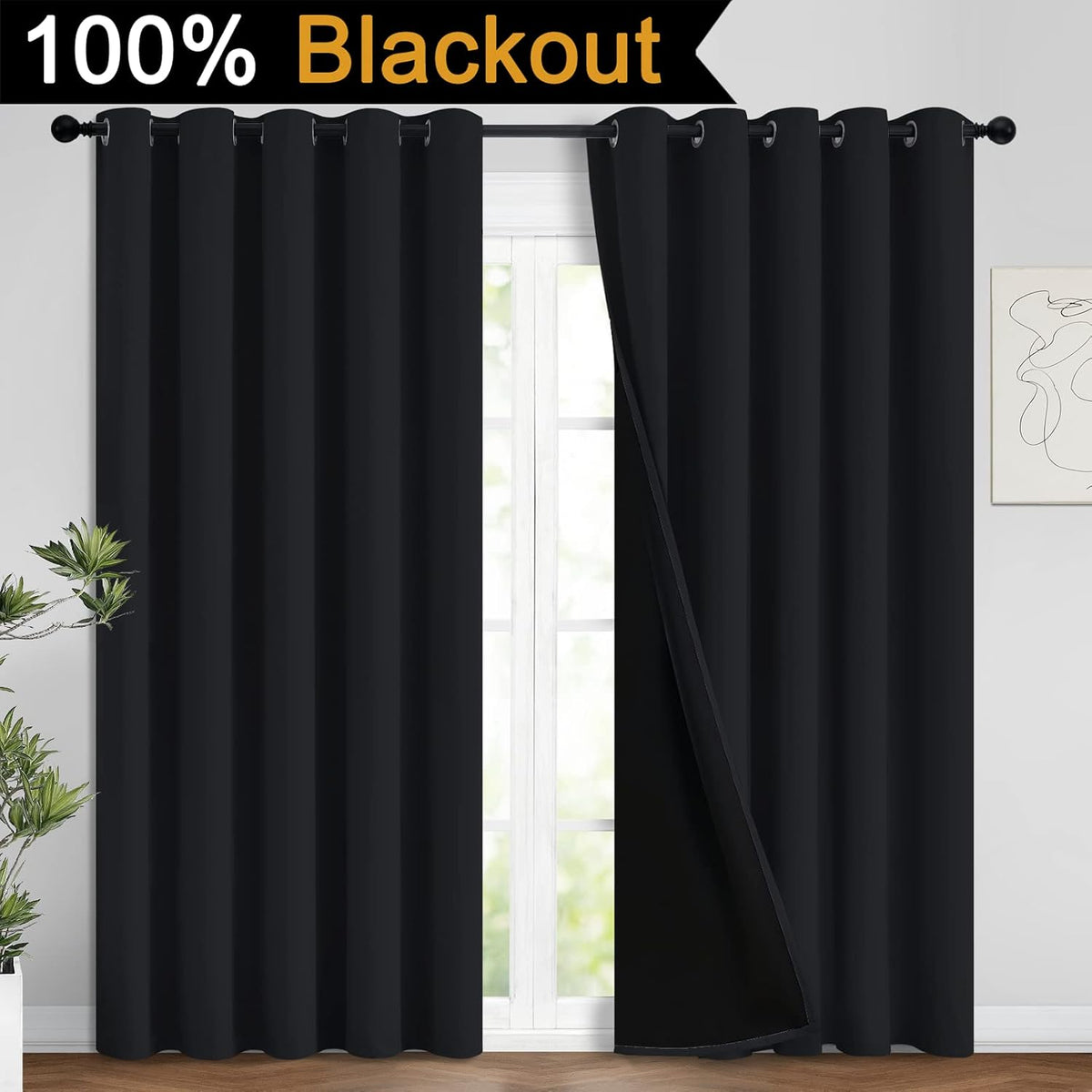 Yakamok 100% Blackout Lined Panels, Thermal Insulated Blackout Curtains for Bedroom, Heat Blocking Drapes for Living Room(62Wx84L, Black, 2…