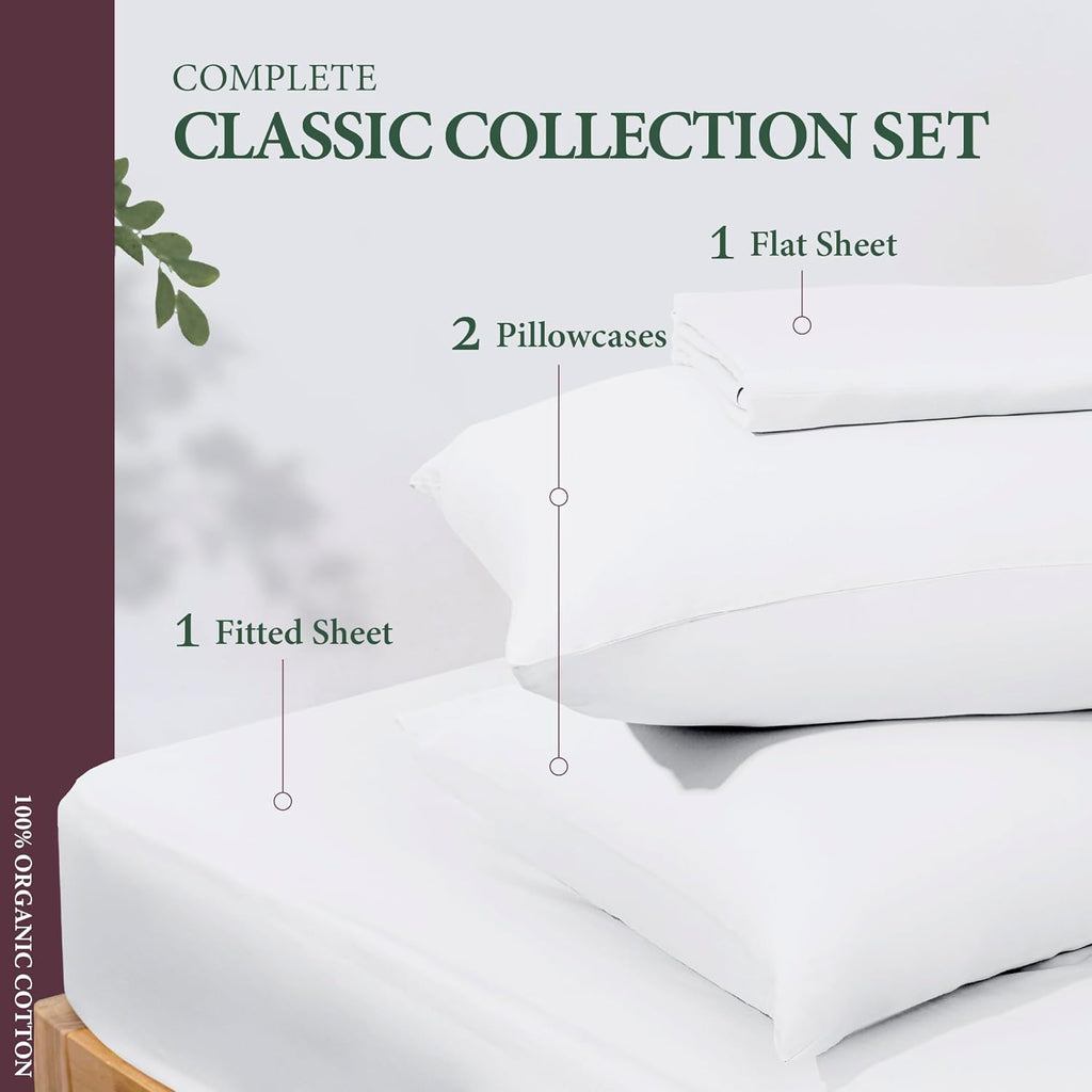 AshtonSheets 100% Organic Cotton Sheets Full Size - Organic Cotton Full Size Percale Weave Sheet Set (4 PC, White), Soft, Cooling, Crisp &…