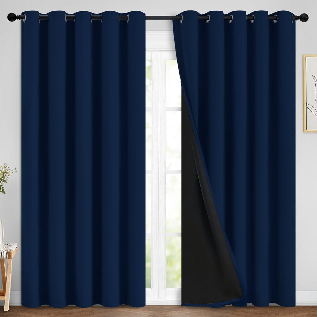 Yakamok Navy Blue 100% Blackout Curtains Energy Saving Thermal Insulated 2 Thick Layers Completely Blackout Drapes with Black Liner for Bed…
