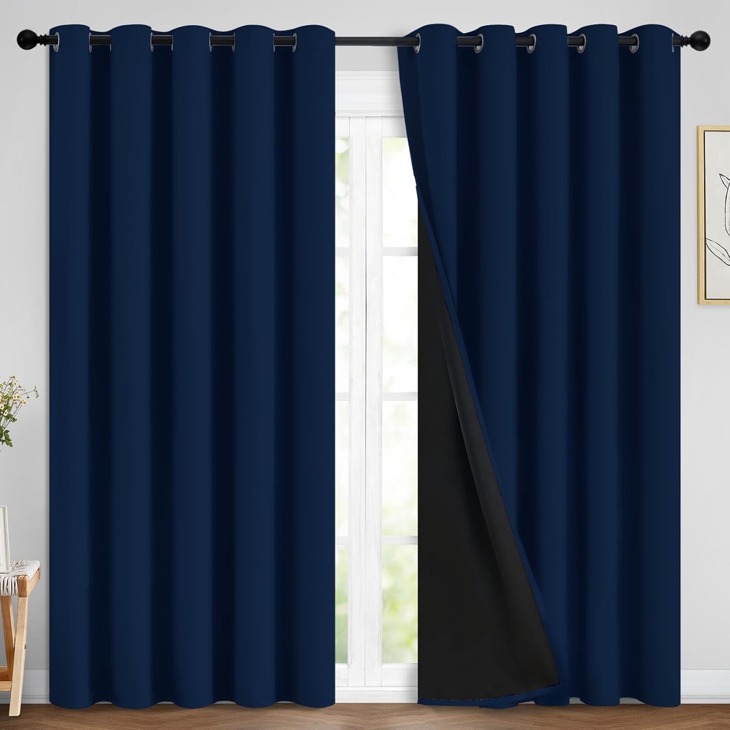 Yakamok Navy Blue 100% Blackout Curtains Energy Saving Thermal Insulated 2 Thick Layers Completely Blackout Drapes with Black Liner for Bed…
