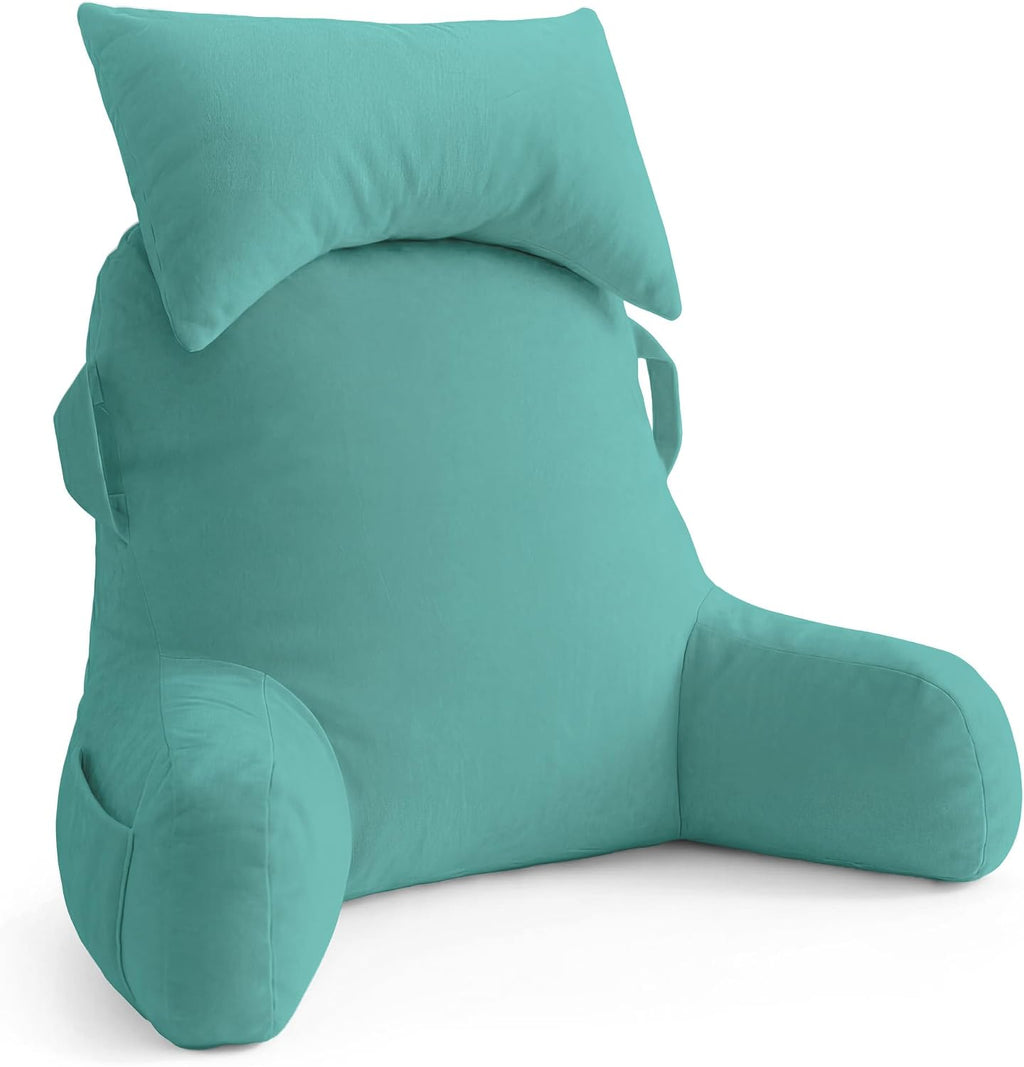 Unisakey Portable Reading Pillows with Headrest for Bed Sitting Up(Lake Blue Oeko-Tex), Velvet Back Pillow with Arms & Pockets for…