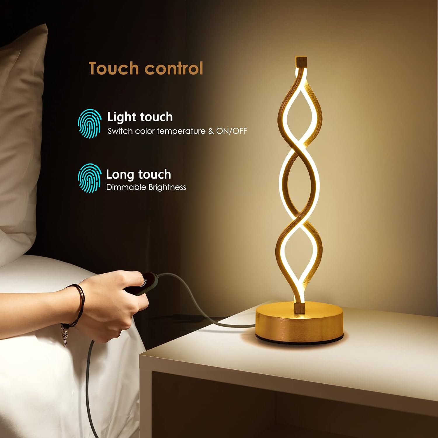 NUÜR Gold Infinity Spiral LED Table Lamp, Lamps for Bedrooms Dimmable Metallic Bedside Lamp with Touch Controller, 3 Colour Temperature…