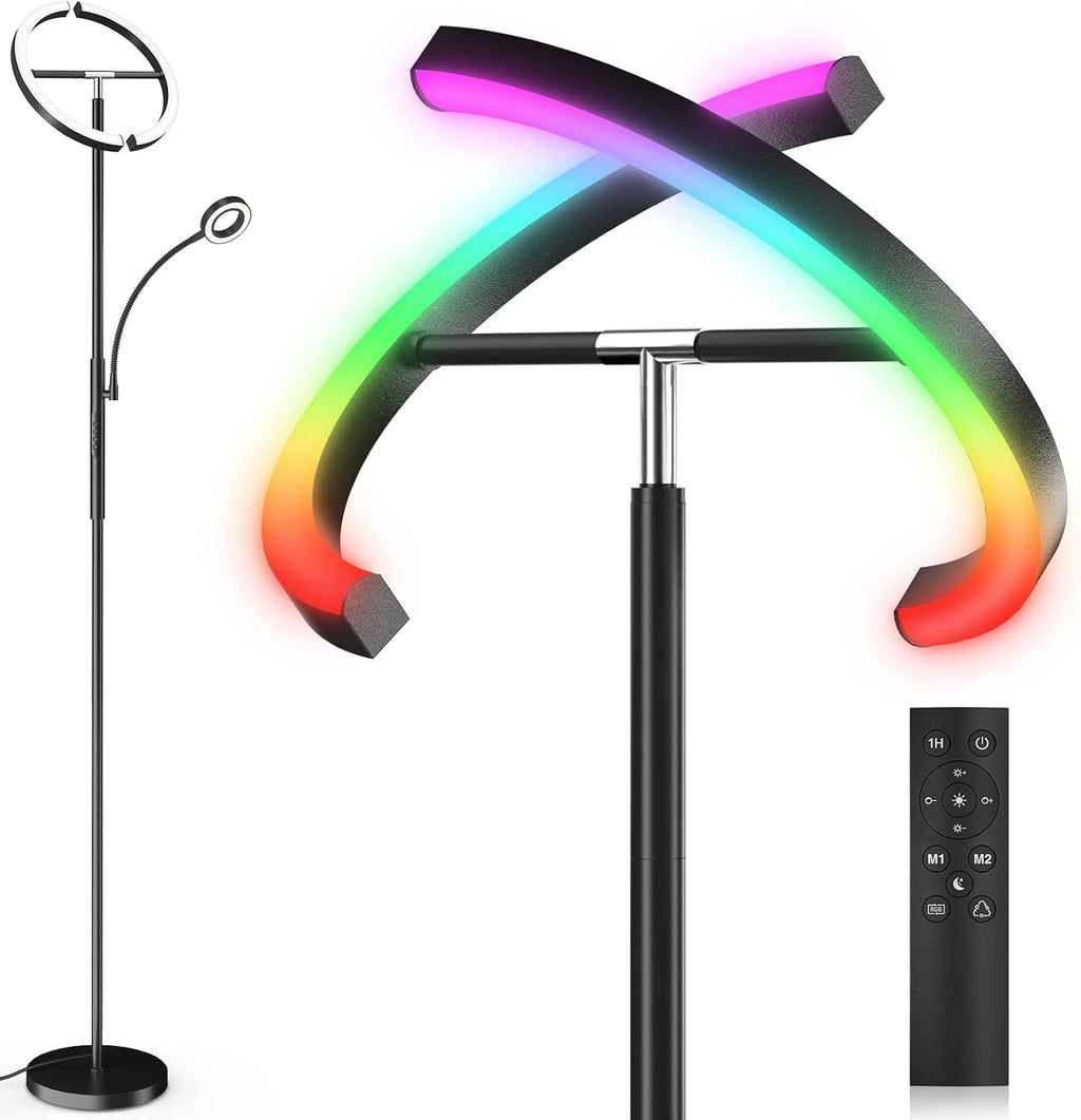 SIBRILLE Upgraded 36W RGBCW Floor Lamp with Ring Reading Lamp, Rotatable Remote Control LED Standing Lamp Dimmable Floor Light Modern…