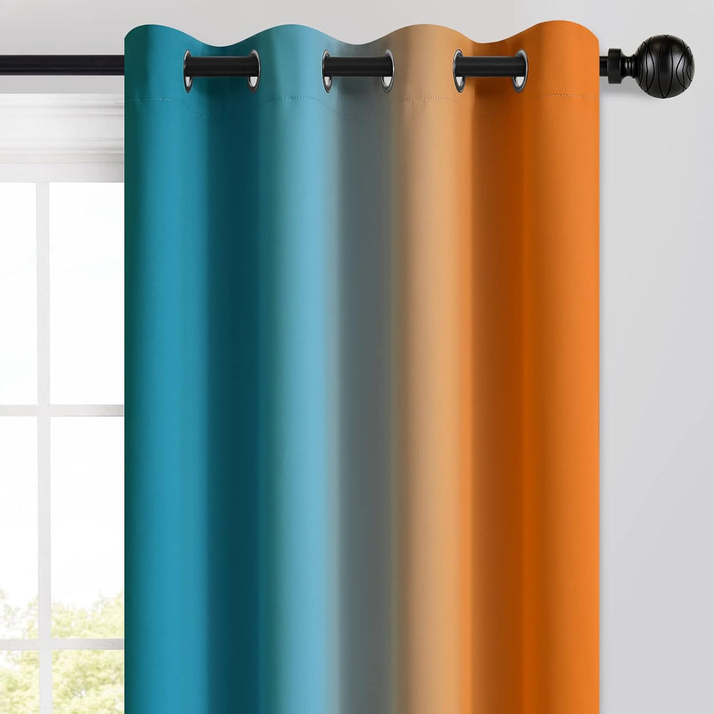 Yakamok Ombre Orange and Blue Curtains for Bedroom, Gradient Room Darkening Curtains, Grommet Thermal Insulated Light Blocking Window Drape…