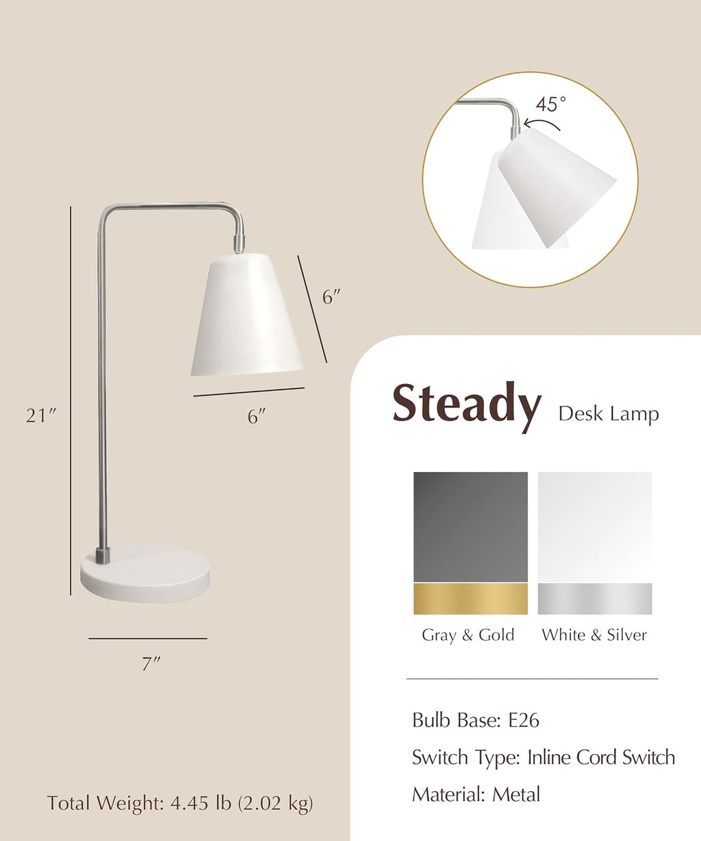 Harvestland Steady Silver Reading Lamps for Bedside Table – Adjustable Industrial Table Lamp with Solid Base, Lamp for nightstand, Desk Lam…