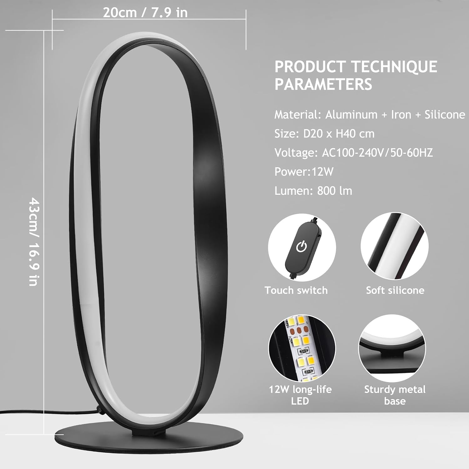 NUÜRLightning NUÜR Circle LED Table Lamp, 3 Color Temperatures Bedside Lamp for Living Room, Stepless Dimmable Bedside Table Lamp