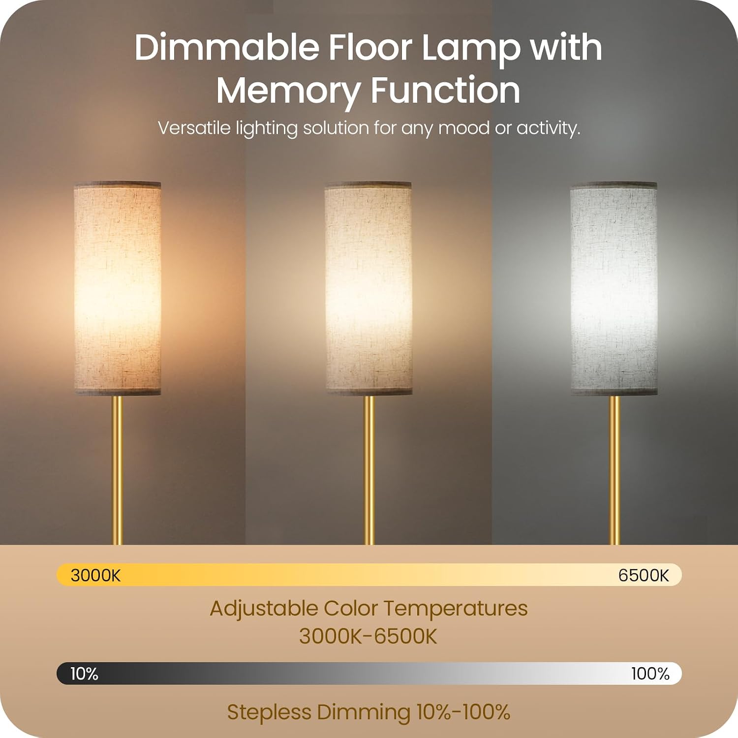 Dimmable Floor Lamp for Living Room with Remote and Foot Switch, Standing Tall Lamp, Bulb Included, 3000K-6500K, Beige and Gold, FCC…