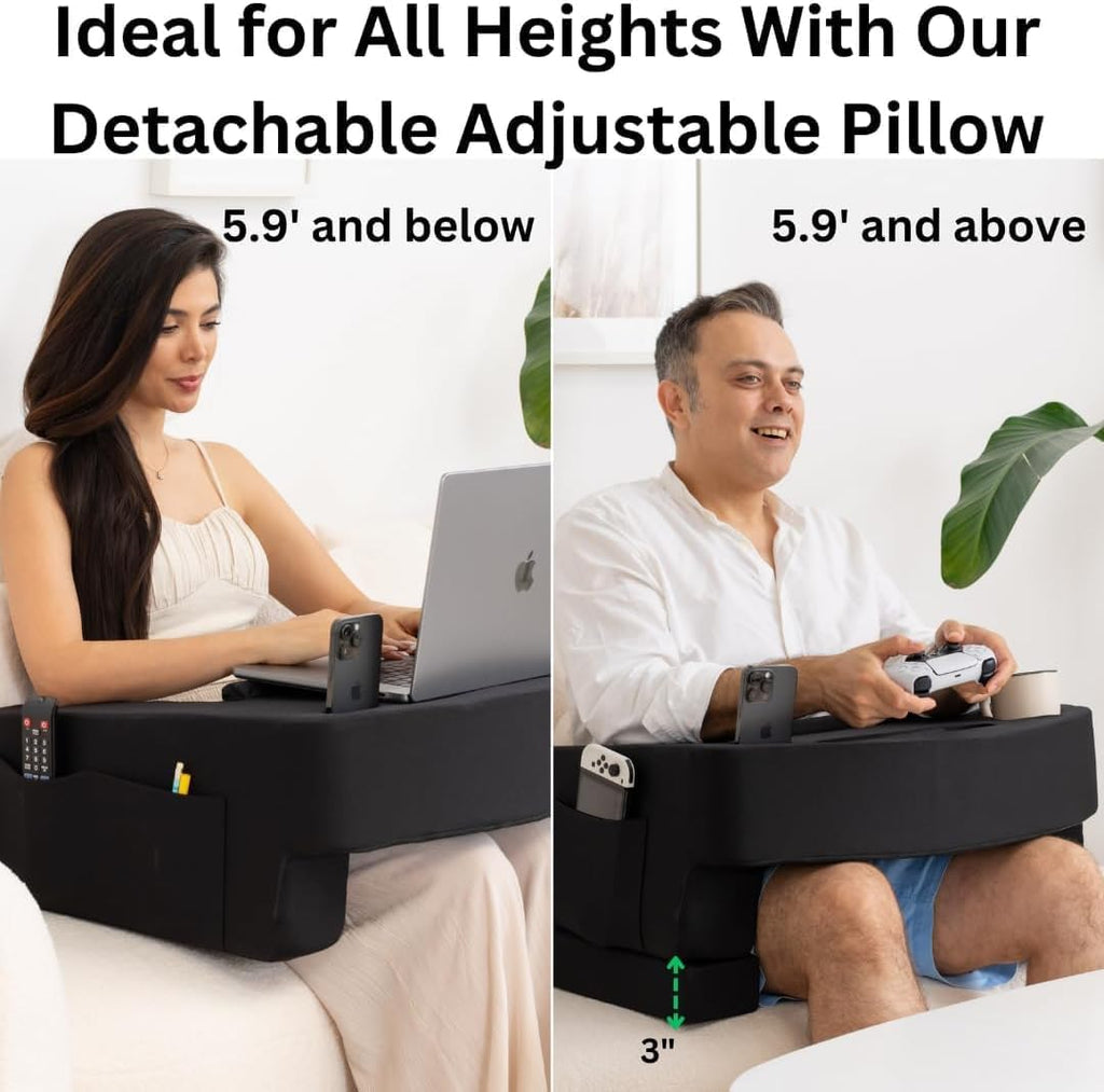 TabCouchCaddy Reading Pillow for Gaming – Extra Large Lap Desk & Arm Rest with Cup & Phone Holder, Adjustable Heights, Laptop Support…
