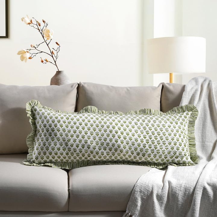 Cottonprintclub CPC Hand Block Print Emerald Green Ruffle Sham Pillow Cover 54" x 20" inch Hidden Zipper Decorative Pillowcase for Couch, B…