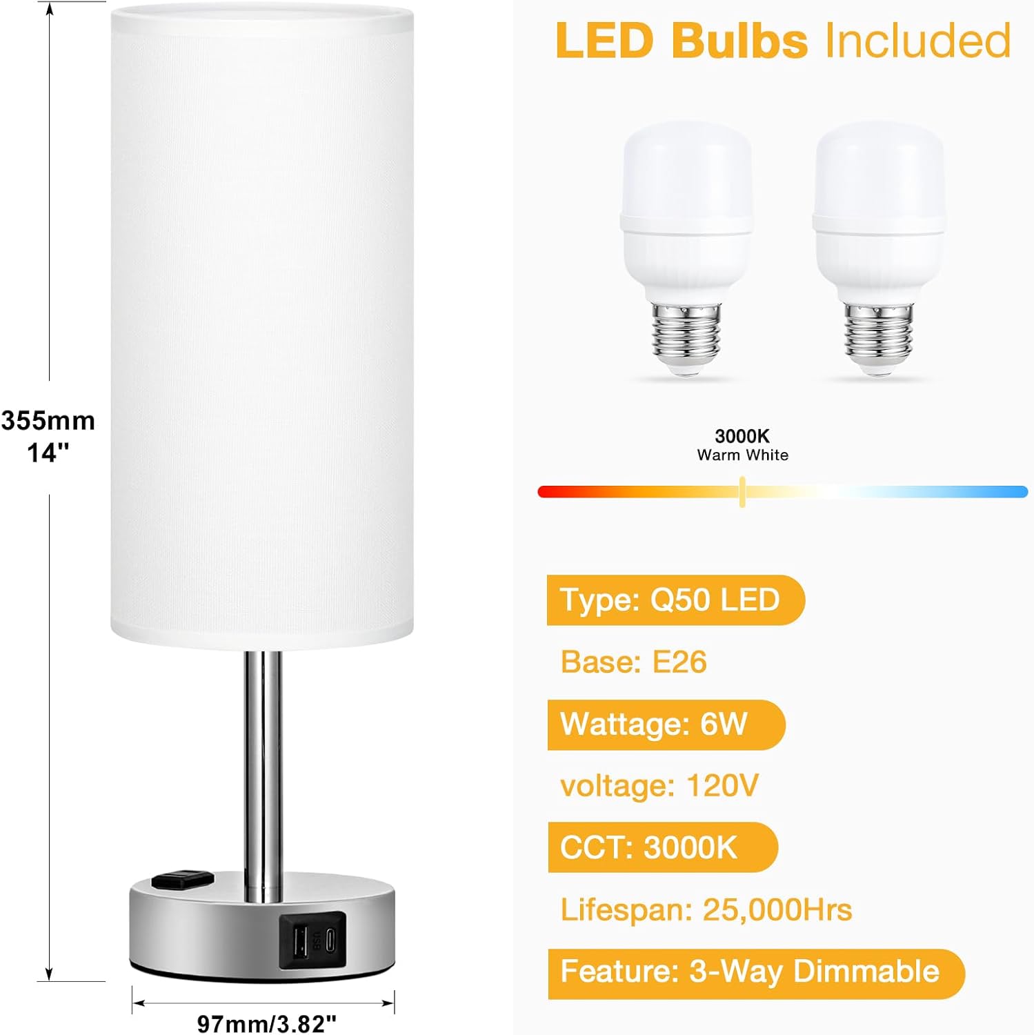 PartageiZ White Touch Nightstand Lamps Set - 3 Way Dimmable Bedside Table Lamp for Bedroom with USB Ports, Small Lamps with AC Outlet for…