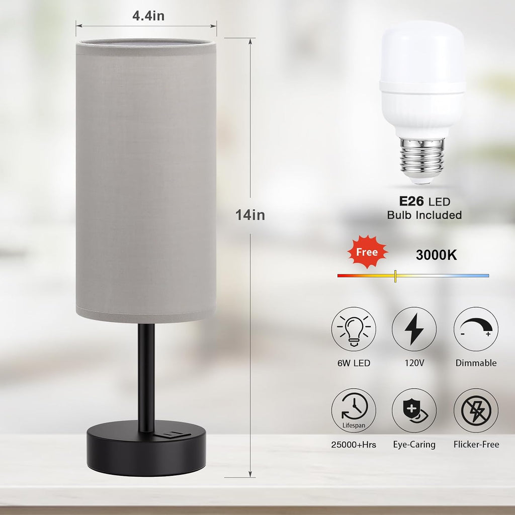 Dicoool Grey Touch Bedside Lamp with USB - 3 Way Dimmable Table Lamp for Bedroom, Nightstand Lamp with Black Charging Station for Desk…