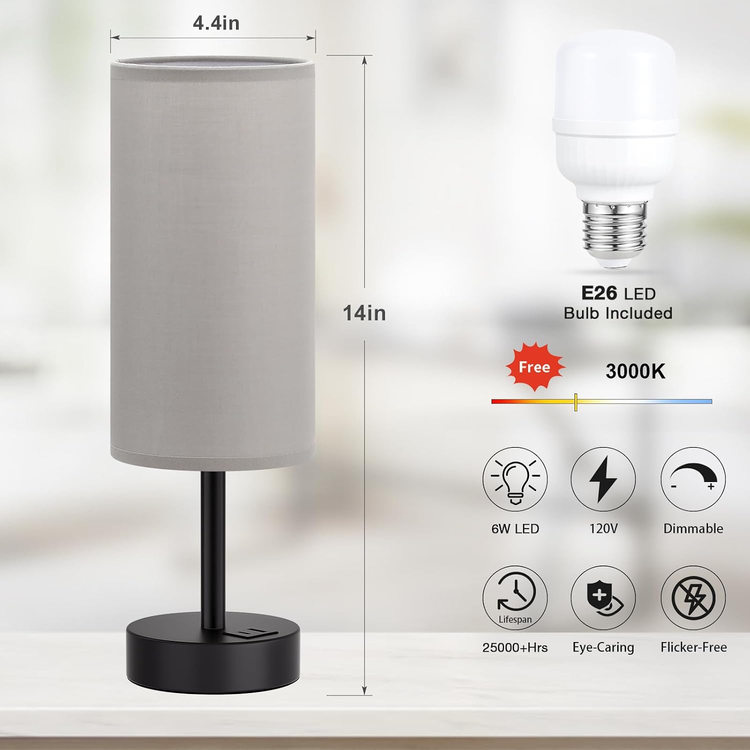 Dicoool Grey Touch Bedside Lamp with USB - 3 Way Dimmable Table Lamp for Bedroom, Nightstand Lamp with Black Charging Station for Desk…