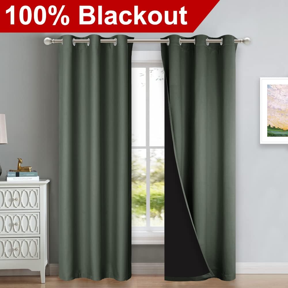 Nicetown Dark Mallard Blackout Curtains 84 inches Long, Full Light Blocking Drapes with Black Liner for Nursery, Thermal Insulated Draperie…
