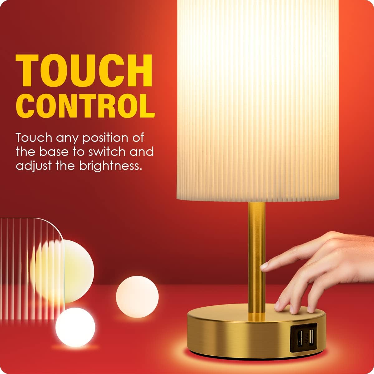 Bedside Lamp with USB port - Touch Control Table Lamp for Bedroom Wood 3 Way Dimmable Nightstand Lamp with Round Pleated Shade for Living…