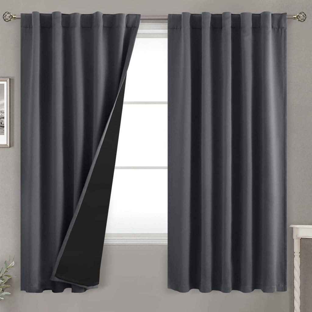 BGment 100% Grey Blackout Curtains for Bedroom 63 Inches Long, Double Layer Room Darkening Thermal Insulated Curtains with Liner Rod…