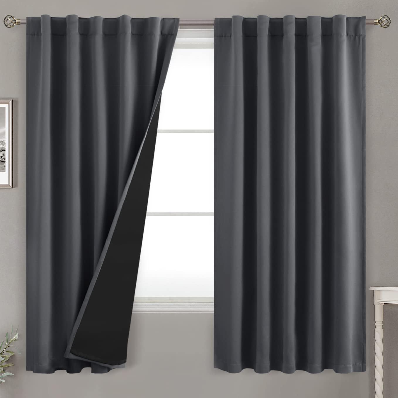 BGment 100% Grey Blackout Curtains for Bedroom 63 Inches Long, Double Layer Room Darkening Thermal Insulated Curtains with Liner Rod…