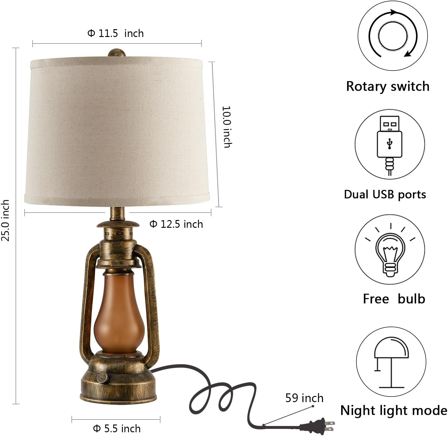 25" Set of 2 Rustic Lantern Table Lamps for Living Room Bedroom, 2 USB Ports Farmhouse Vintage Bedside Desk Lamp Nightlight for Entryway…