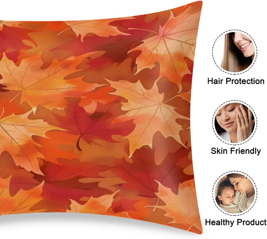 Autumn Maple Fall Satin Silk Pillowcase for Hair and Skin Pillow Cases Queen Size Soft Silk Pillow Case with Envelope Closure Print Satin…