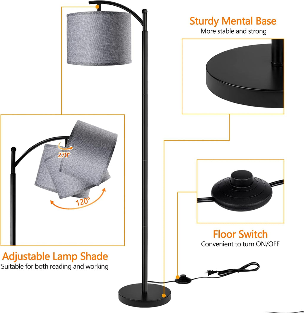 Floor Lamp with 3CCT LED Bulb, Gray Linen Lamp Shade for Living Room, Modern Standing Lamp for Bedrooms - Black