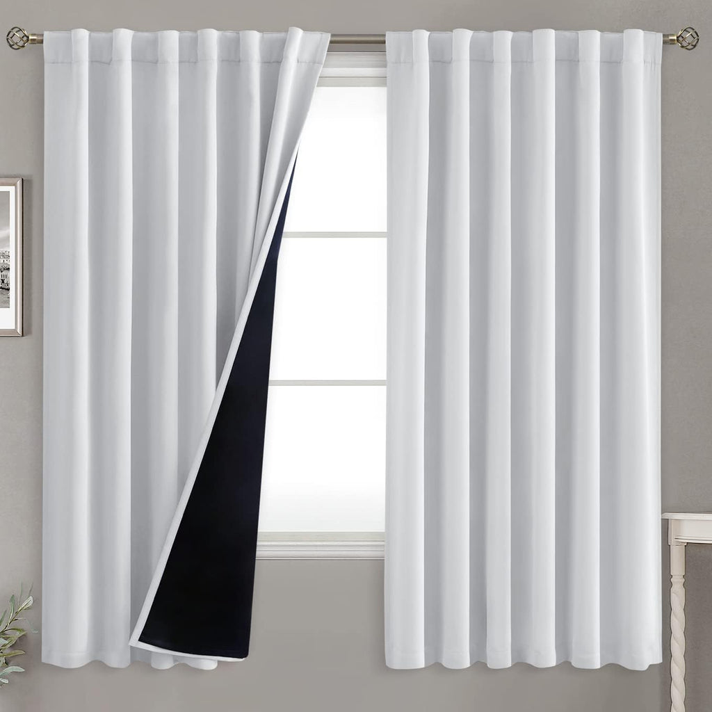 BGment Greyish White 100% Blackout Curtains 63 Inches Long with Noise-reducing Liner, Rod Pocket and Back Tab Double Layer Room Darkening…