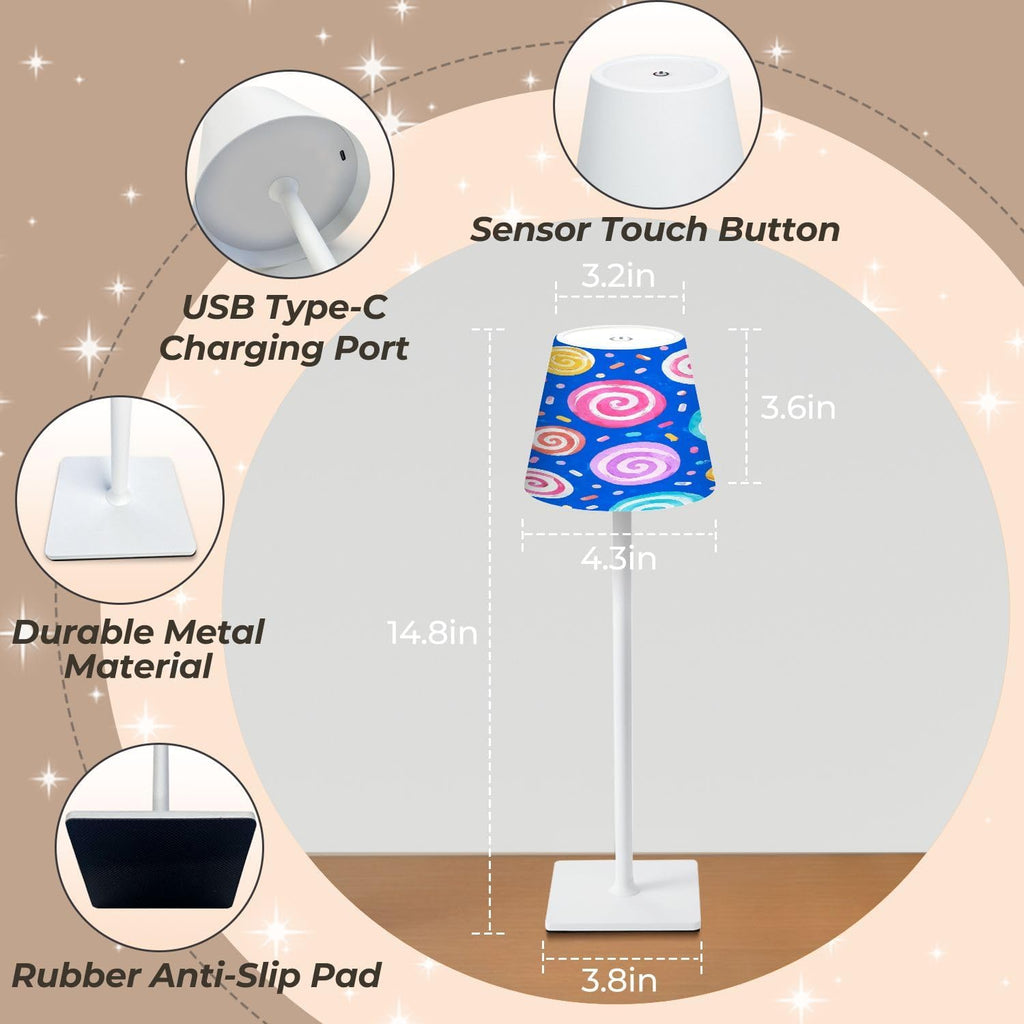 Cordless Mahjong Lamp Colorful Swirl Candy Pastel Spirals Confetti Bright Blue Small LED Lamp 3 Color Dimmable Rechargeable Lamps for Mah…