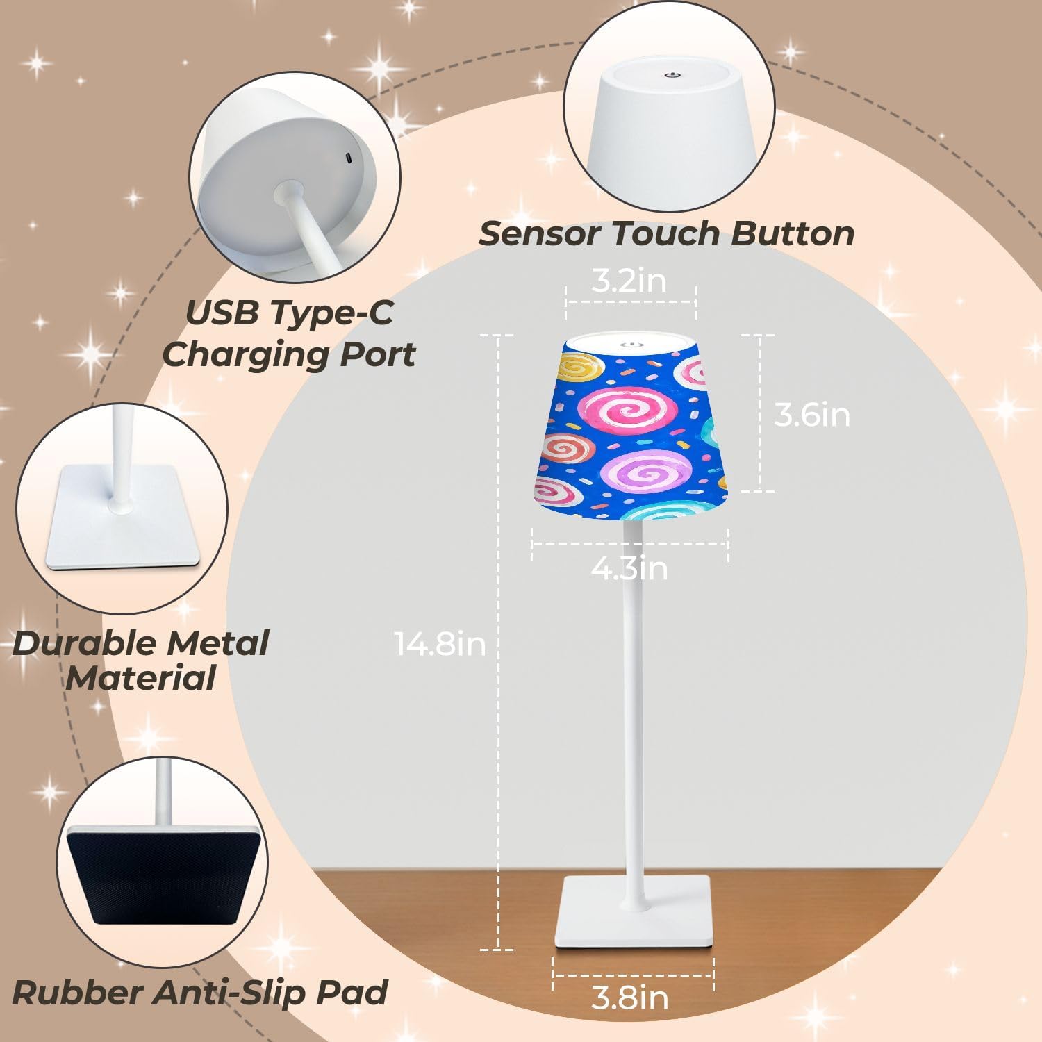Cordless Mahjong Lamp Colorful Swirl Candy Pastel Spirals Confetti Bright Blue Small LED Lamp 3 Color Dimmable Rechargeable Lamps for Mah…