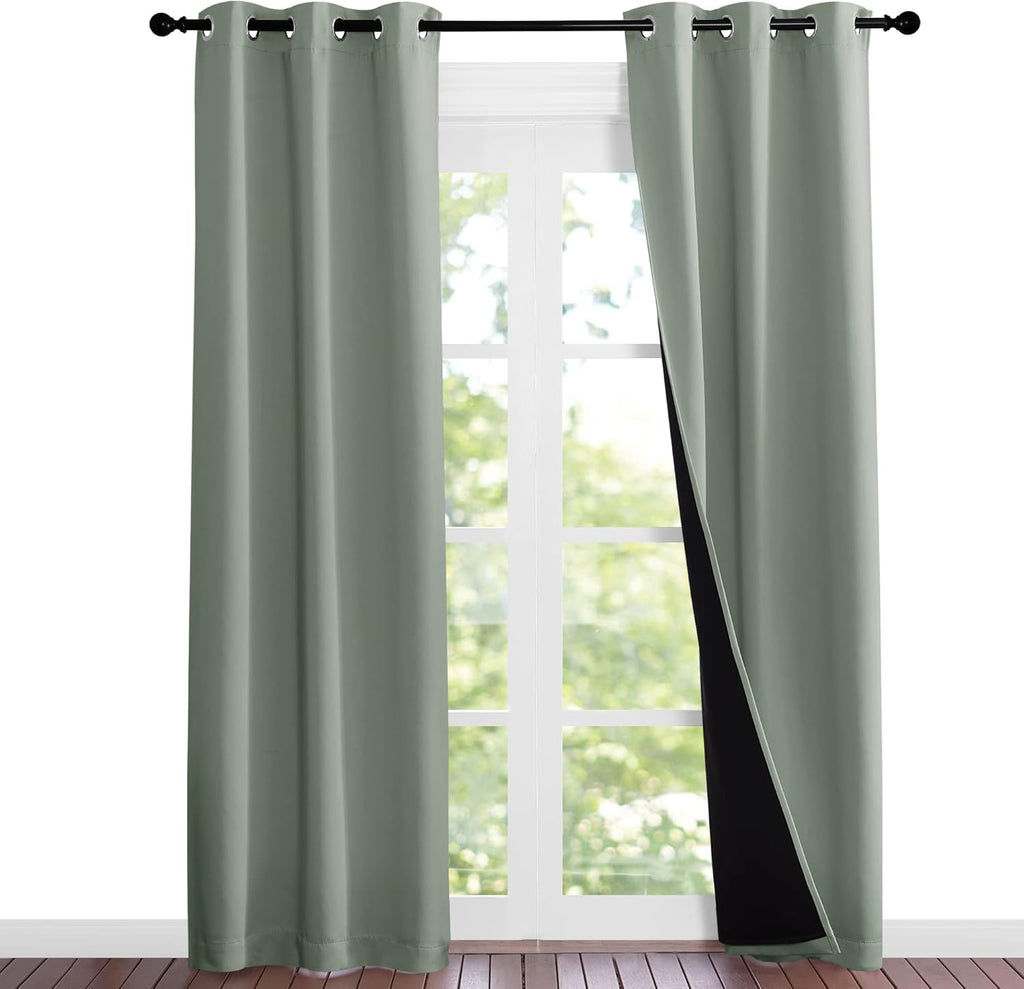 Nicetown Greyish Green Blackout Curtains 84 inches Long, Full Light Blocking Drapes with Black Liner for Nursery, Noise Reducing Thermal In…