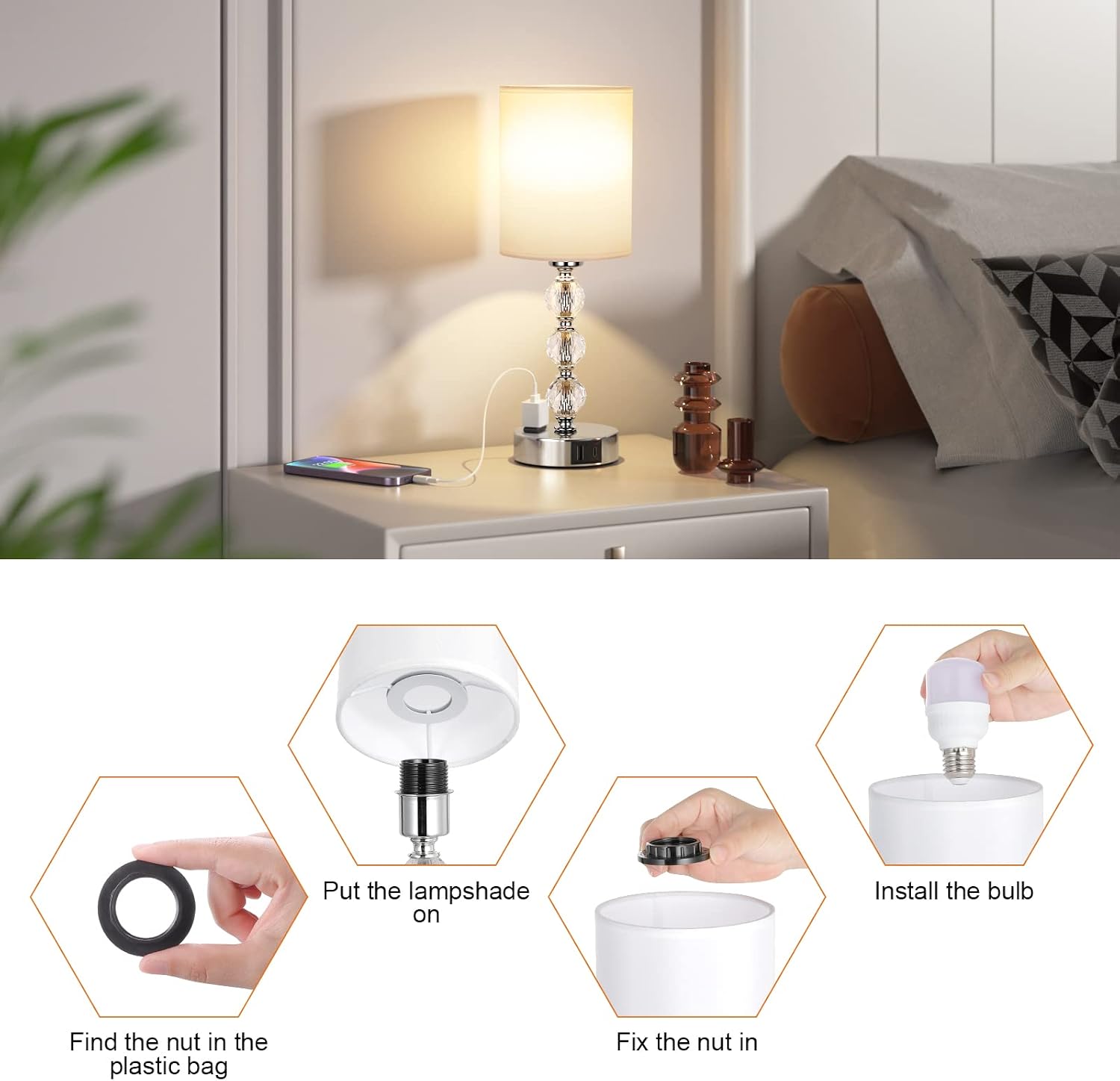Touch Bedside Crystal Lamps for Bedrooms Nightstand with USB C+A Charging Port and AC Outlet White, 3 Way Dimmable Silver Small End Side…
