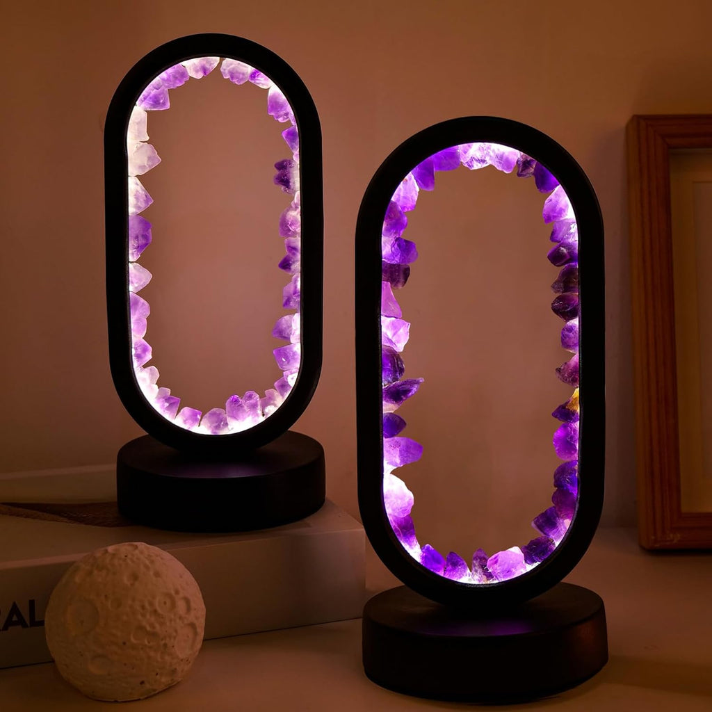 Runyangshi Crystal Lamp Amethyst Raw Stone Ellipse Night Lamp Natural Healing Crystal Night Light Table Lamp Base USB Port 3 Colours Mode f…