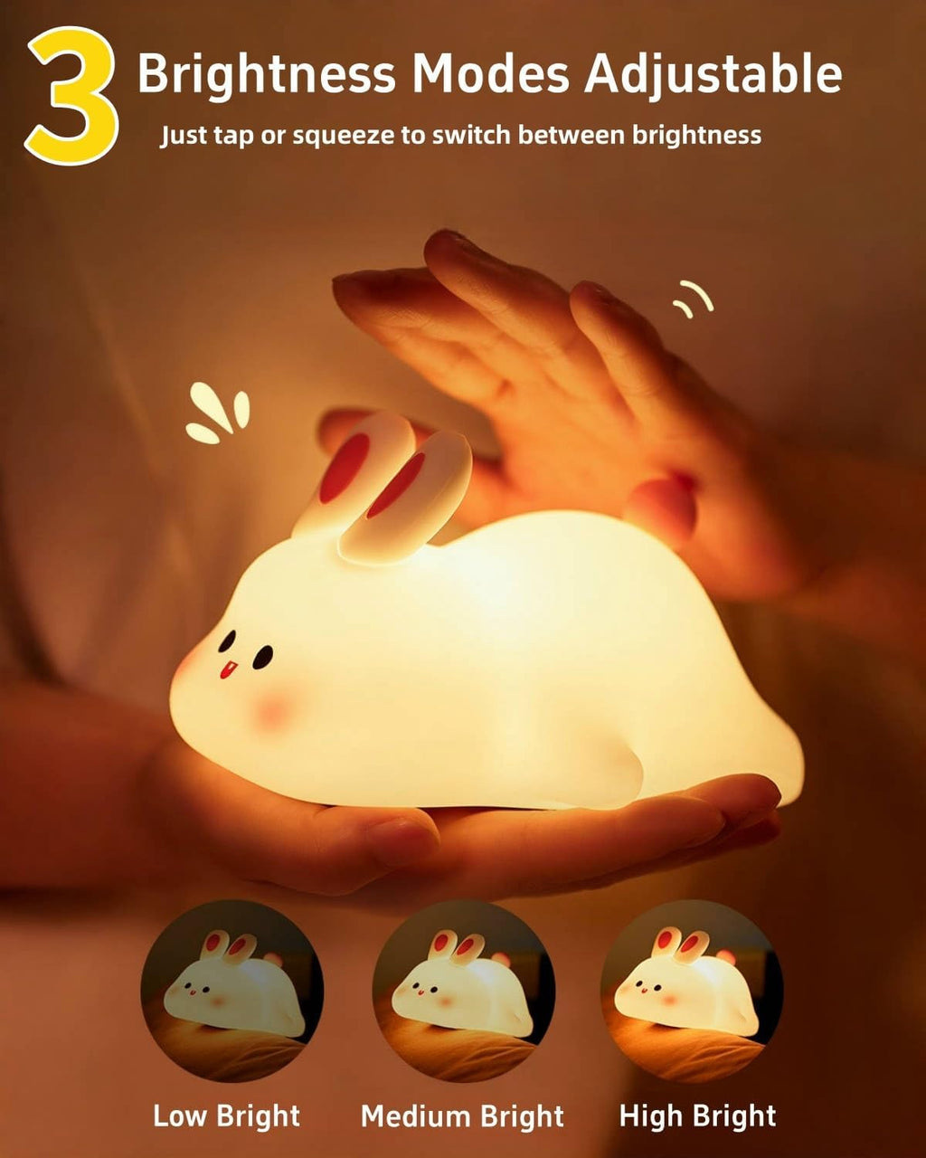 Big Face Rabbit Silicone Night Light, Squishy Bunny Lamp with Touch Control, 30-Min Timer, Rechargeable Kids Night Light for Bedroom…