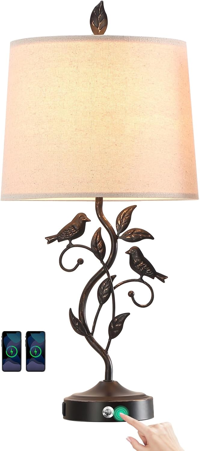 27" Touch Farmhouse Table Lamps for Living Room with 3-Way Dimmable 2 USB Ports, Vintage Rustic Iron Leaf Nightstand Lamp for Bedroom…