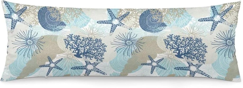 Body Pillow Cover Aqua Blue Nautical Coral Body Pillowcase Coastal Beach Theme Coral Starfish Decorative Rectangle Long Pillow Cases…