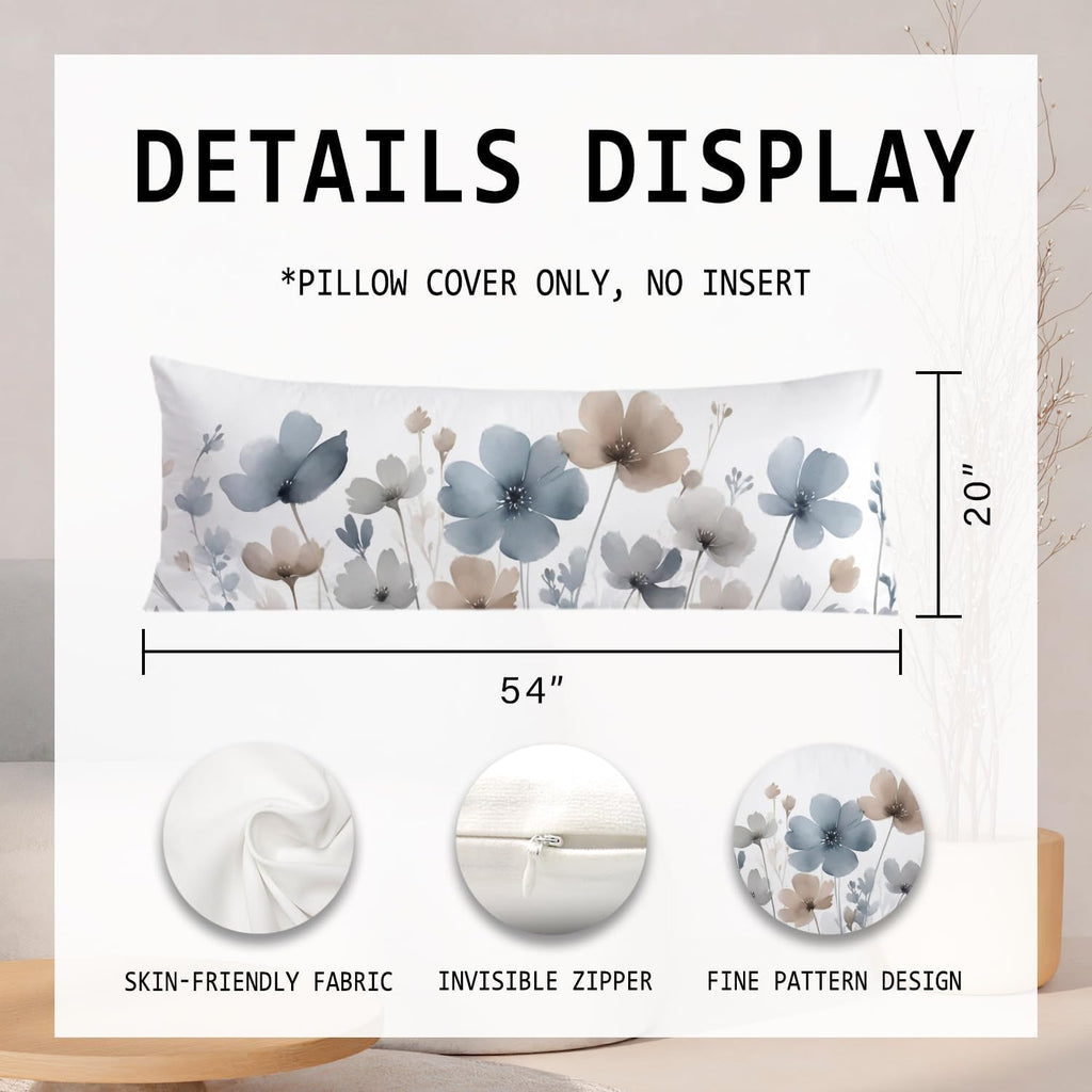 Vintage Watercolor Floral 20x54 Body Pillow Cover, Floral Room Decor, Abstract Blue Gray and White Flowers Botanical Decorative Long Body…