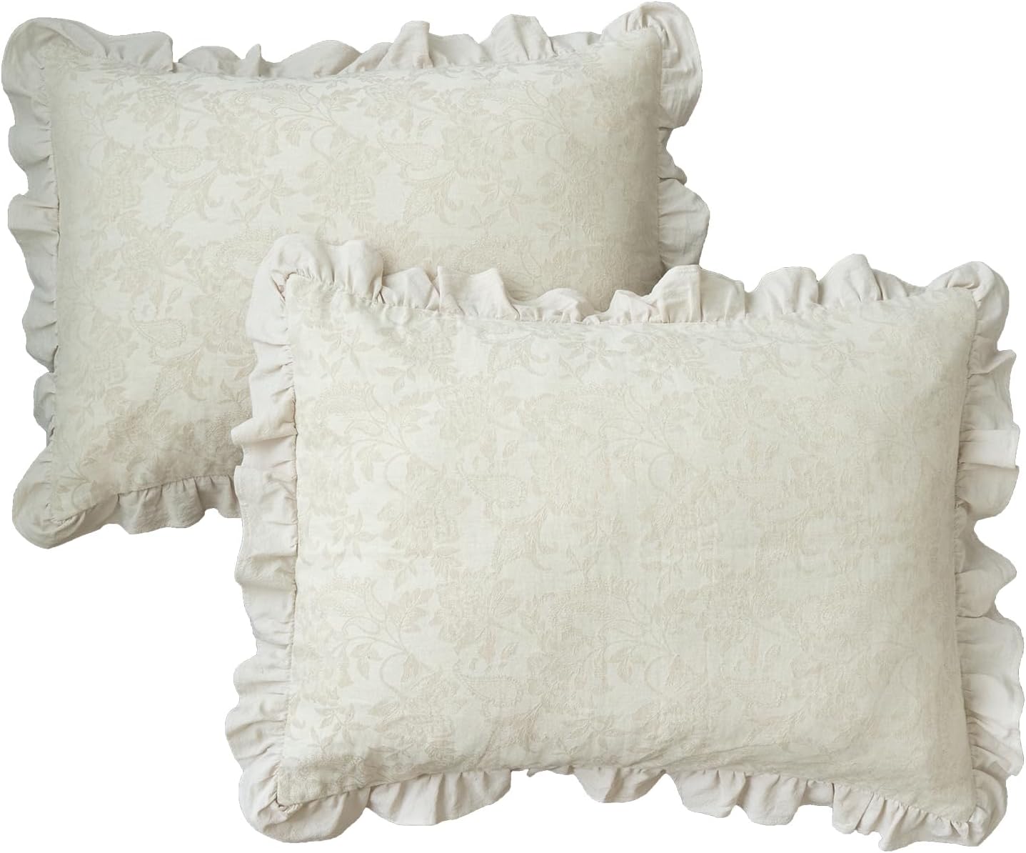 Pillow Shams Set of 2 Linen-Cotton Jacquard Fabric and Washed 100% Cotton Retro Ruffle Flounces Trim Solid Beige Decorative Pillow Cases…