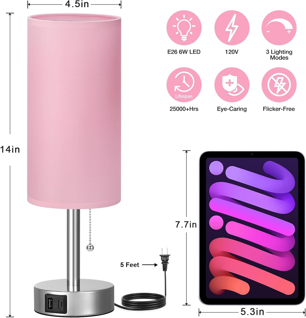 Dicoool Small Bedside Table Lamp for Bedroom, Pink Nightstand Lamp for Girls Kids, 3 Color Temperatures & USB Charging Port, Cute Desk…