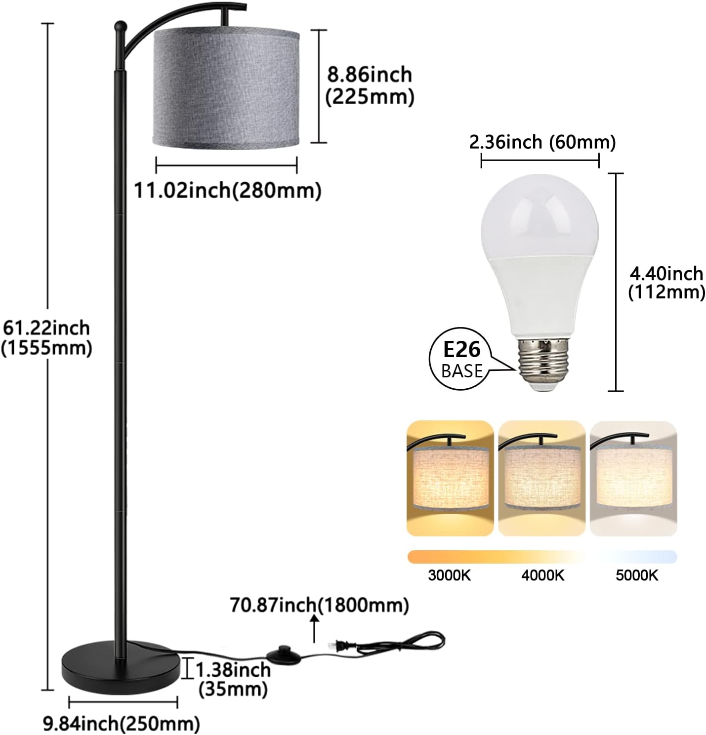 Floor Lamp with 3CCT LED Bulb, Gray Linen Lamp Shade for Living Room, Modern Standing Lamp for Bedrooms - Black
