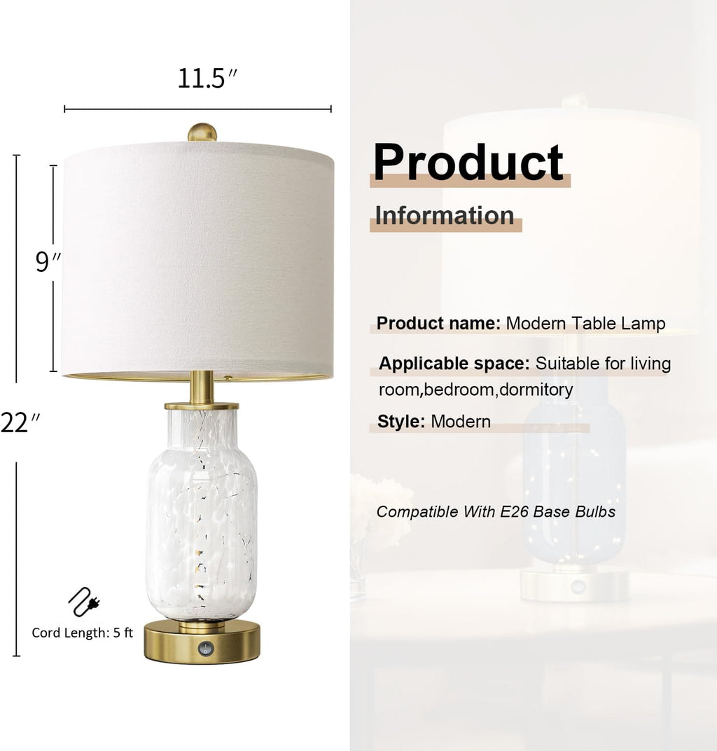 Oneach 22" Glass Table Lamps Set of 2, White Modern Bedside Lamp with LED Night Light for Living Room, Nightstand Lamp with USB Ports for B…