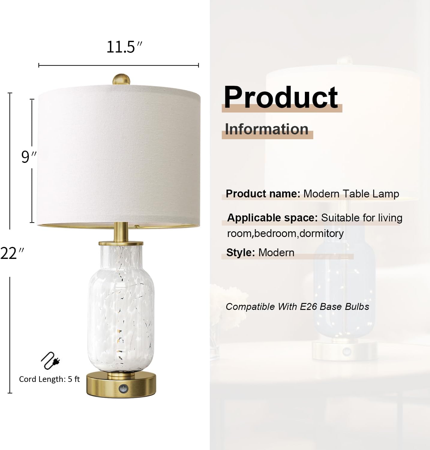 Oneach 22" Glass Table Lamps Set of 2, White Modern Bedside Lamp with LED Night Light for Living Room, Nightstand Lamp with USB Ports for B…