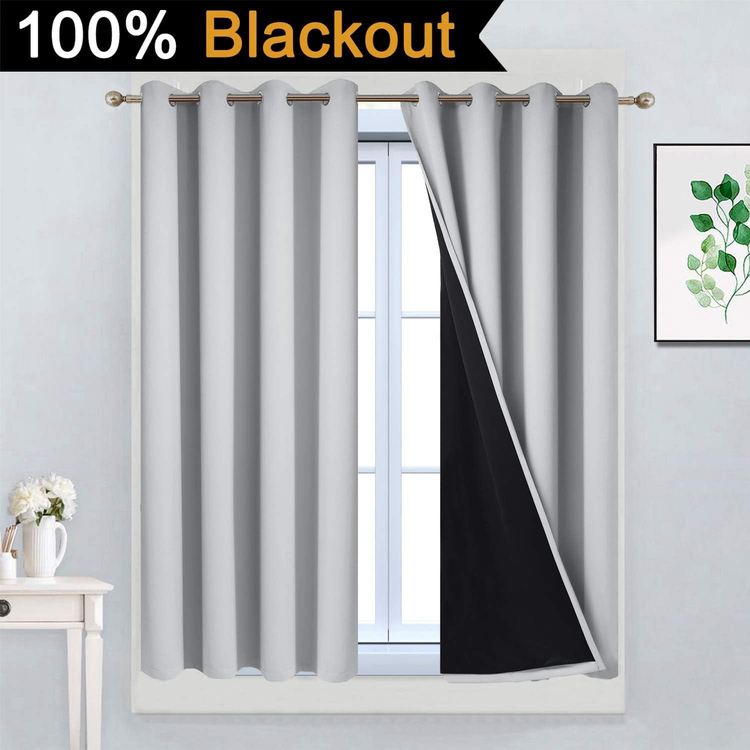 Yakamok Total Blackout Curtains, 2 Thick Layers Completely Blackout Thermal Insulated Drapes with Black Liner for Bedroom(52Wx45L, Light Gr…
