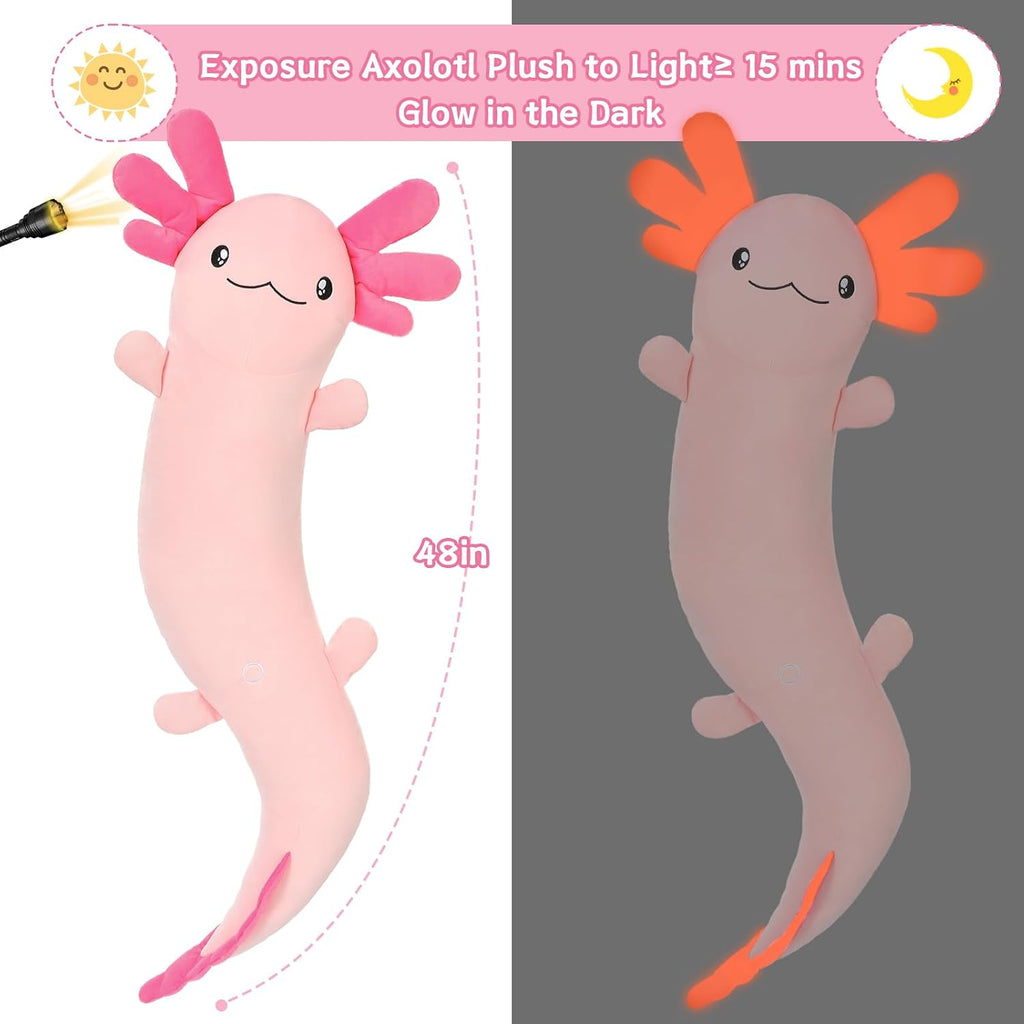 MaoGoLan Giant Axolotl Plush Body Pillow for Girls, Hot Pink Axolotl Stuffed Animal for Kids Adults, Large Salamander Plush Glow in The Dar…