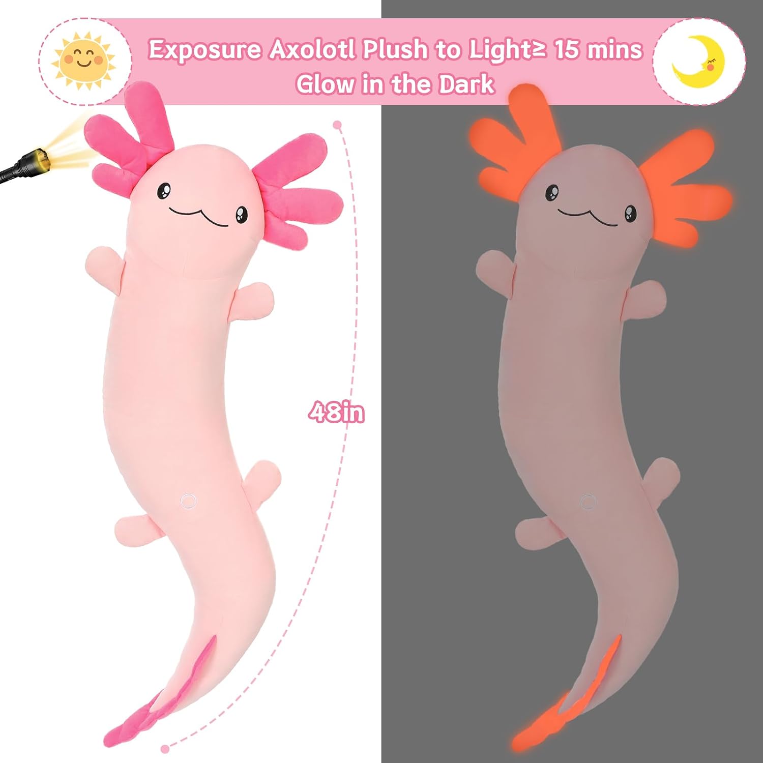 MaoGoLan Giant Axolotl Plush Body Pillow for Girls, Hot Pink Axolotl Stuffed Animal for Kids Adults, Large Salamander Plush Glow in The Dar…