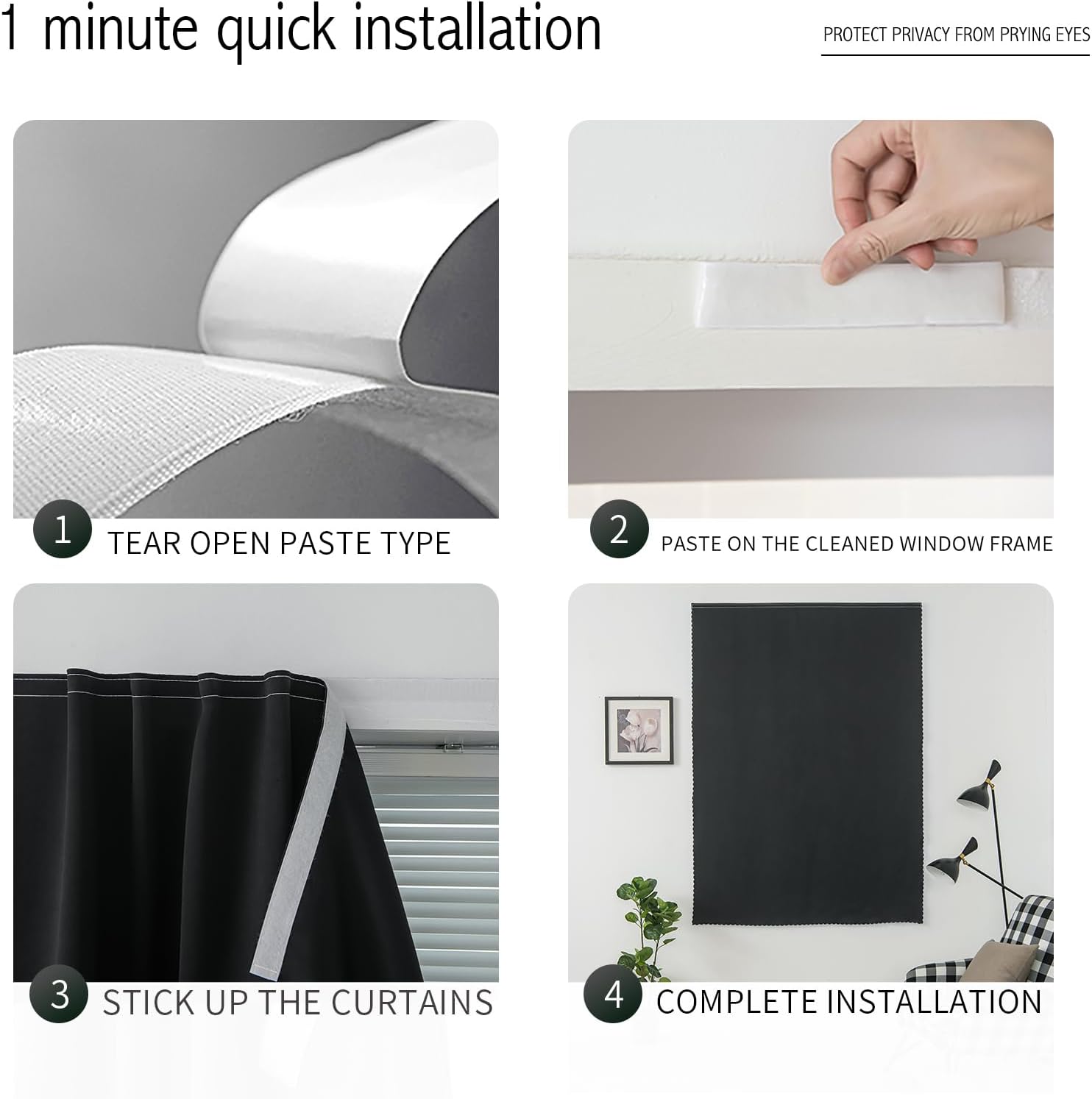 Adhesive Blackout Curtains- Self Stick Curtain No Rod Needed Easy to Hang Curtain, Use for Bedroom, Living Room, Dining Room, Kitchen…