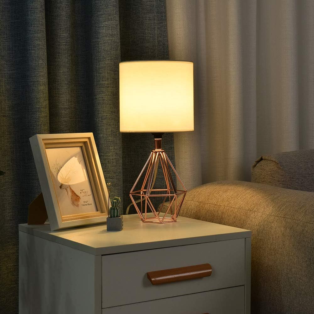 Rose Gold Bedside Table Lamp, Modern Small Desk Lamp with TC Fabric Shade Geometric Metal Base for Kids Living Room Bedroom Nightstand
