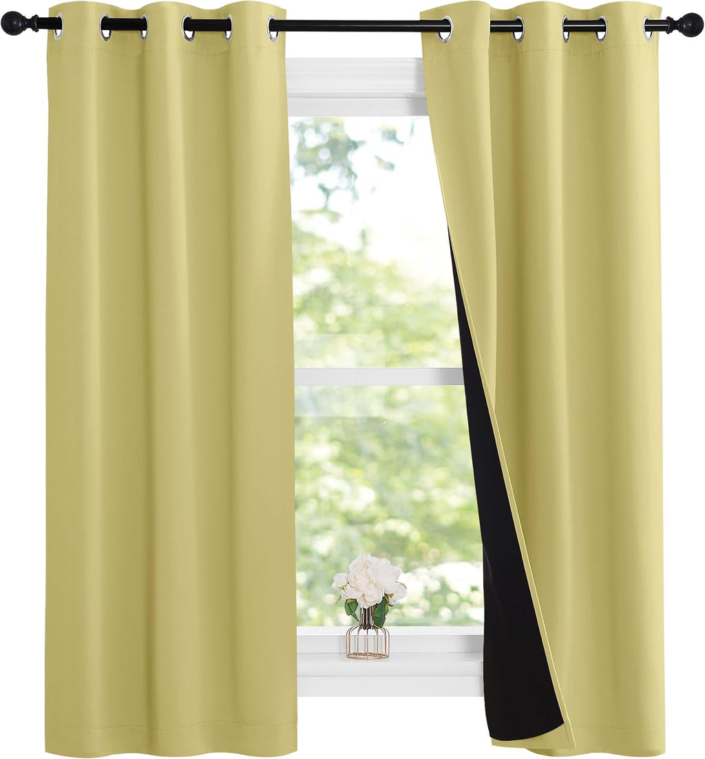Nicetown 100% Blackout Short Curtains with Black Liners, 2 Panels, 37" W by 60" L, Paler Yellow, Thermal Insulated Full Blackout 2-Layer Li…