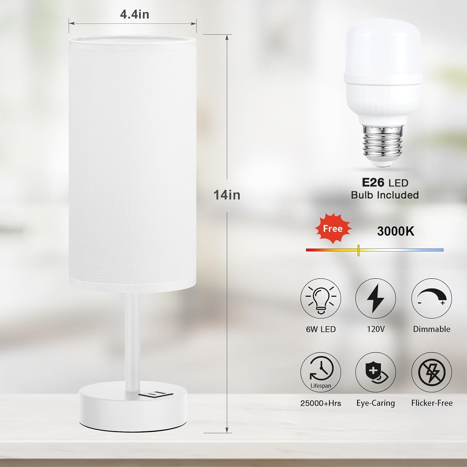 Dicoool White Touch Bedside Lamp for Bedroom - 3 Way Dimmable Table Lamp with USB, Nightstand Lamp with White Charging Station for Desk…