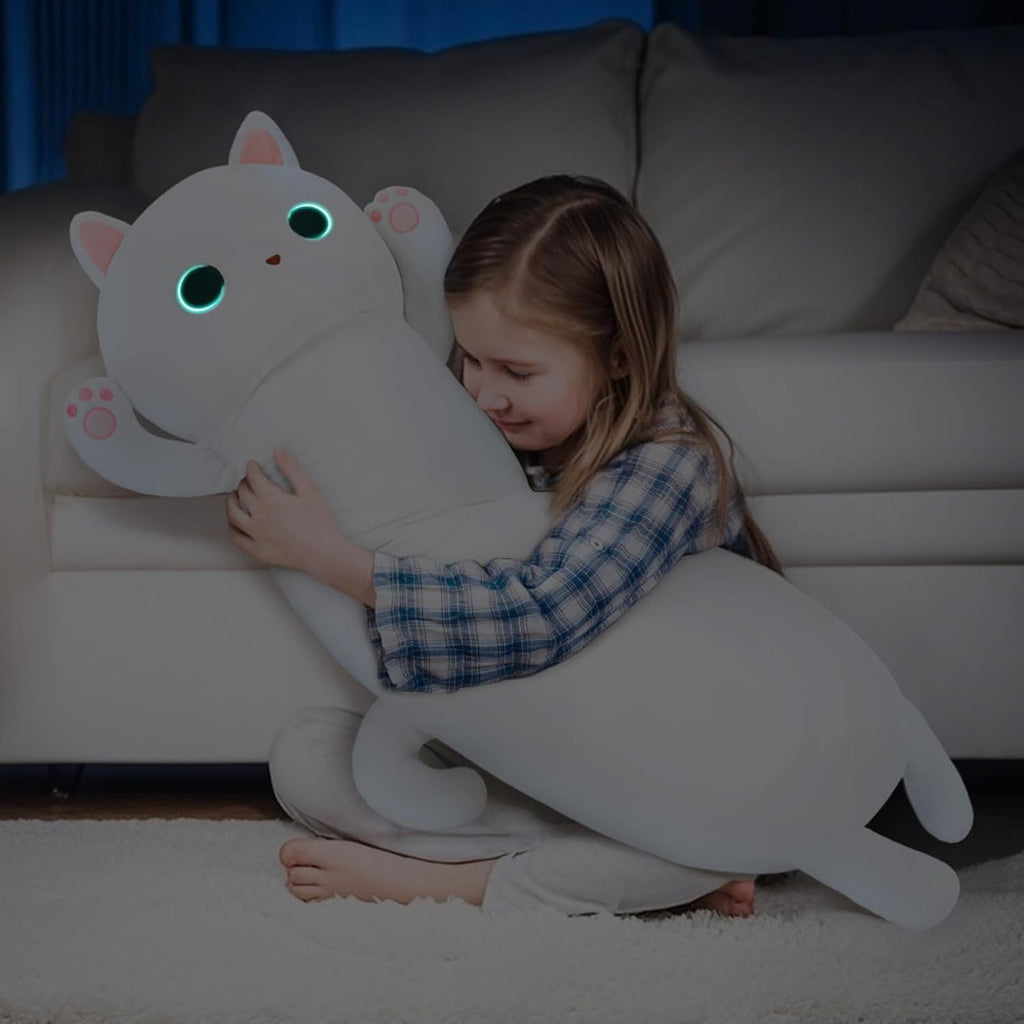 MaoGoLan Long Cat Plush Body Pillow, 44'' Giant White Glow in The Dark Cat Stuffed Animal Toy for Girl Boy Kid, Big Cute Kitty Plush…