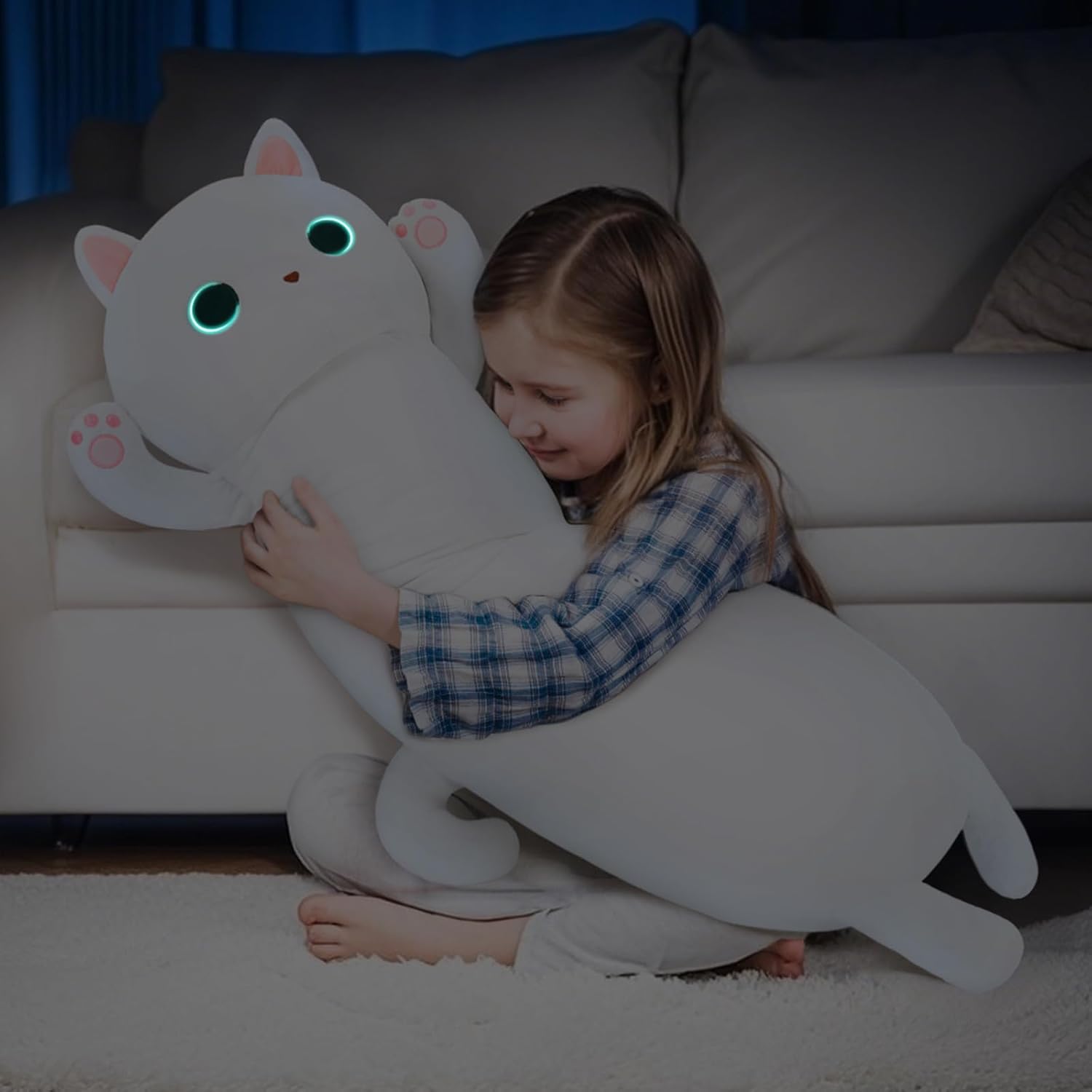 MaoGoLan Long Cat Plush Body Pillow, 44'' Giant White Glow in The Dark Cat Stuffed Animal Toy for Girl Boy Kid, Big Cute Kitty Plush…