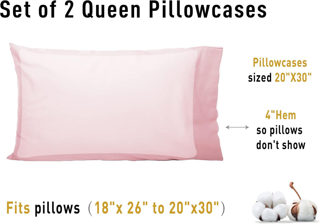 Sunflower Queen Pillowcases Set of 2, 100% Cotton Queen Pillow Cases 2, 20×30 inches Dark Pink, Soft and Breathable
