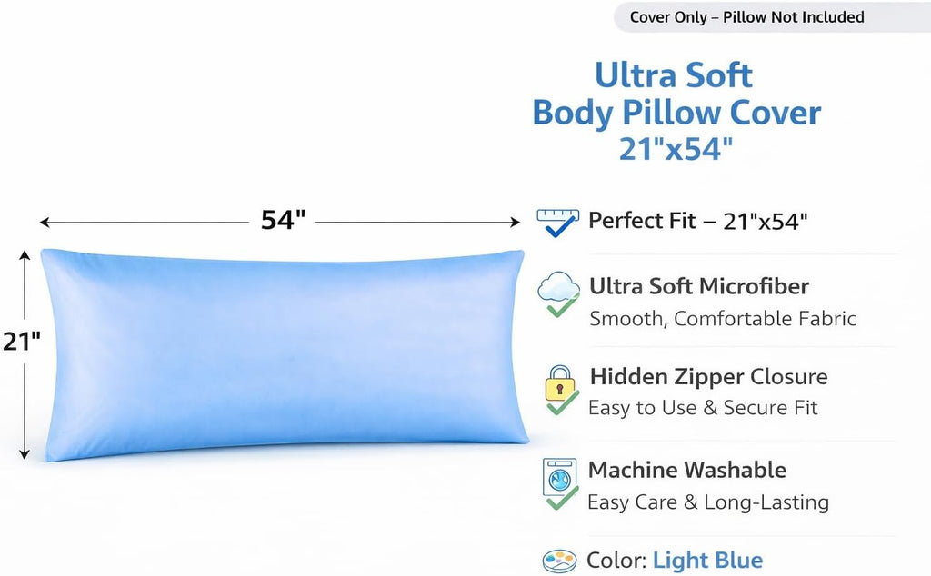 EVOLIVE Body Pillow Cover 21"x54", Ultra Soft Microfiber Pillowcase with Hidden Zipper, Breathable, Machine Washable, for Pregnancy &…