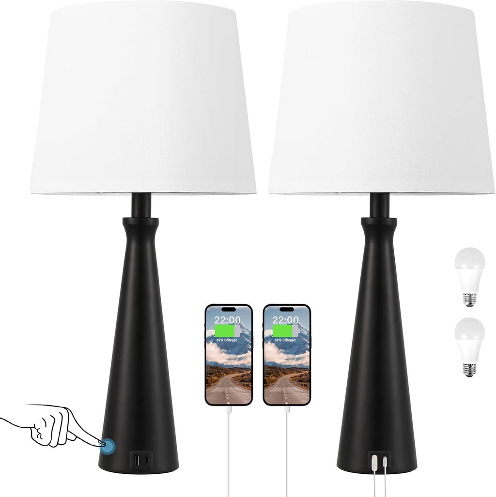 Seealle Modern Table Lamps Set of 2 - Touch Bedside Lamp for Nightstand with Dual USB C+A,3-Way Dimmable Black Nightstand Lamps for…